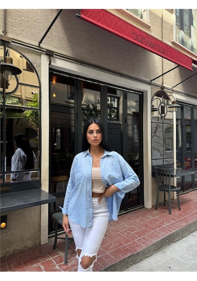WeShaya Mavi Cepli Oversize Viskon Gömlek Mavi