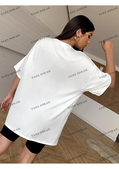 Tarzsokak Unisex Bay Hindistan Cevizi Ağacı Ve Harf Grafikli Drop Omuz Tişört Kod-1313 Beyaz