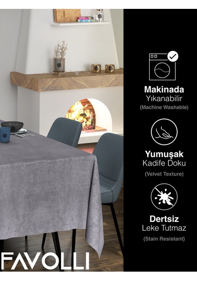 Kadife Dokulu Gri Renk Masa Örtüsü Gri