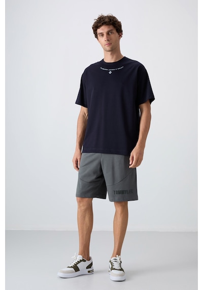 Tommy Life Lacivert Pamuklu Kalın Yumuşak Dokulu Oversize Fit Baskılı Erkek T-shirt - 88343 Lacivert