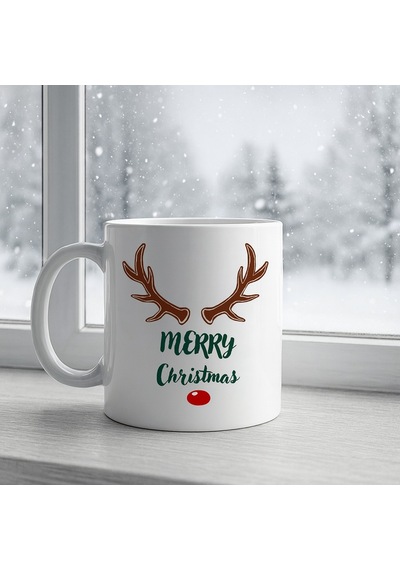 Merry Christmas Yazılı Geyik Boynuzlu Yılbaşı Kupası Model 212 Baskılı Seramik Kahve Kupası Diğer
