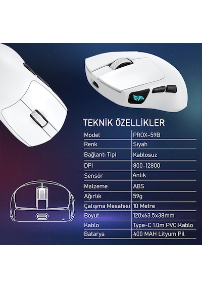 Gameagle PROX-59W Ultra Hafif Kablosuz 3 Mode Optik Oyuncu Mouse