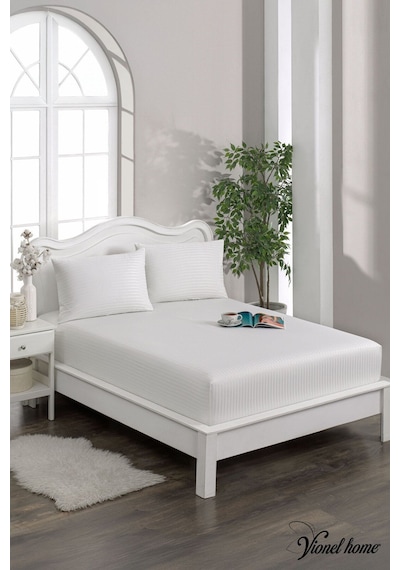 %100 Pamuk Çizgili Saten Tek / Çift Kişilik Lastikli Çarşaf Seti 100x200 160x200 180x200 Beyaz