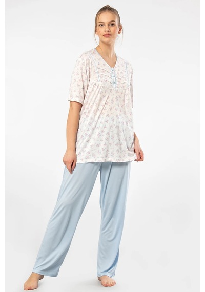 Türen 3369 Kadın Büyük Beden Kısa Kollu Pijama Takım-mavi Çok Renkli