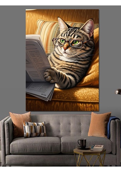 Ahşap Tablo Bıyıklı Kedi Portresi Müzik
