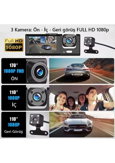 S-1 1080p Araç İçi Kamera 3 Kameralı Ön Görüş - Geri Görüş - İç Görüş Gece Görüşlü