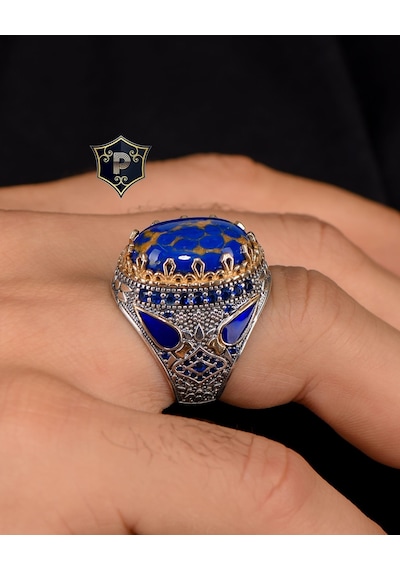 Prestij Gümüş 925 Ayar Gümüş Lapis Taşlı Zirkon Taş Süslemeli Erkek Yüzüğü