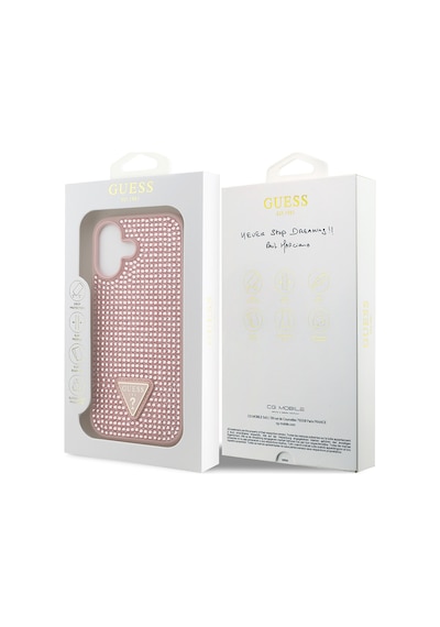 Apple Uyumlu iPhone 17 Kılıf Guess Lisanslı Taşlı Arka Yüzey Üçgen Logolu Kapak Pembe