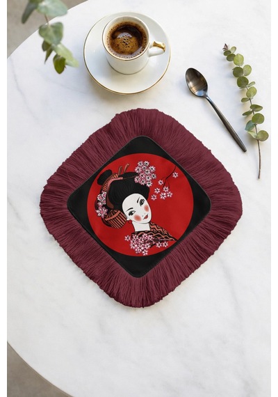 Lüks Japon Geisha Sanatı Püsküllü Sunum Peçetesi - Uzak Doğu Modern Bordo Bardak Altlığı Mendil Çok Renkli