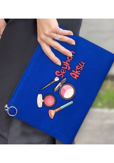 Bk Gift Kişiye Özel İsimli-1 Astarlı Mavi Portföy Çanta 30x21cm, Baskılı El Çantası, Organizer Çanta