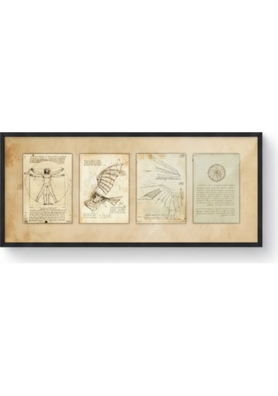 Leonardo Da Vinci Çizimleri Tablo Çerçeveli Vintage Sanat Tablosu Ofis Salon Duvar Dekoru