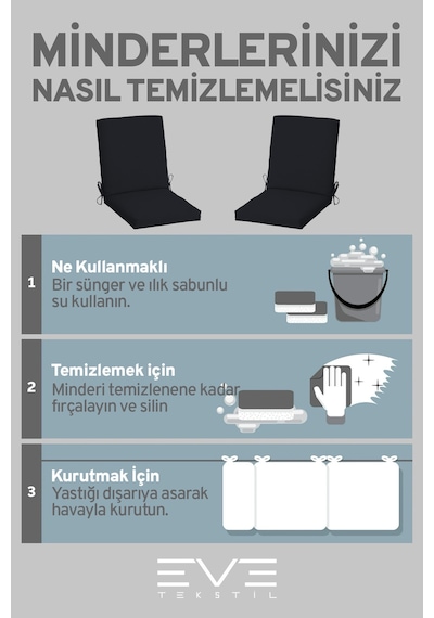 Eve Tekstil Bahçe - Salon - Balkon Arkalıklı Fermuarlı Bağlanabilir Yıkanabilir Sandalye Minderi 8 Adet Siyah