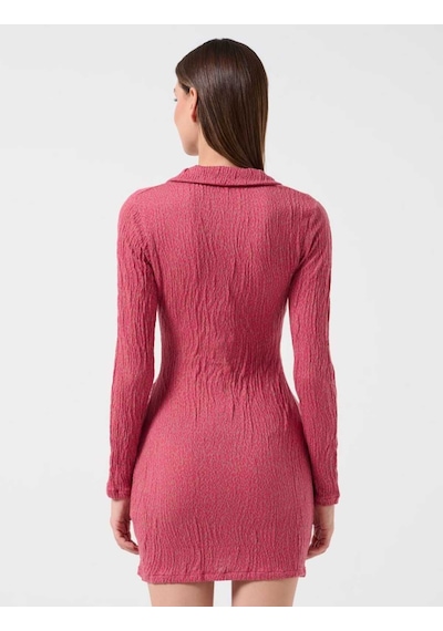 Pembe Dar Kesim Polo Yaka Uzun Kollu Desenli Mini Elbise Fuşya