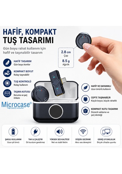 Microcase Kablosuz Yaka Mikrofonu Type-c Telefon Uyumlu Gürültü Engelleyici Şarj Kutulu Mikrofon - Al5771