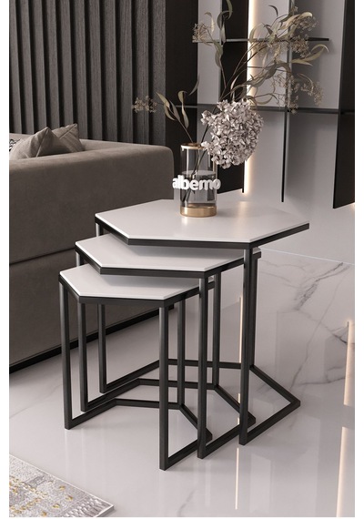 Usta Mekan Altıgen Siyah Metal Beyaz Mdf Tablalı 3lü Zigon Sehpa 6gen - Beyaz