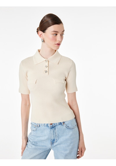 Koton Slim Fit Yarım Düğme Detaylı Kısa Kollu Polo Yaka Triko Kazak Krema 6sak90022ht