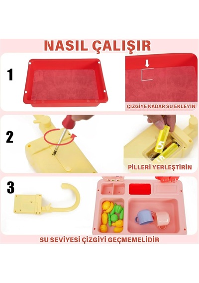 Oyuncak Gerçek Su Akan Mutfak Lavabo Seti 28 Parça Aksesuarlı Pilli Su Devir Daimli Mavi Pembe