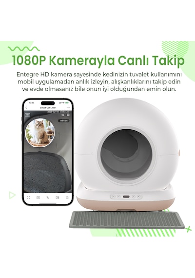 Haustier Cb002 Bej Kameralı Akıllı Otomatik Kedi Tuvaleti, App İle Uzaktan Kontrol, 72lt Hazne, 7lt Çöp Haznesi