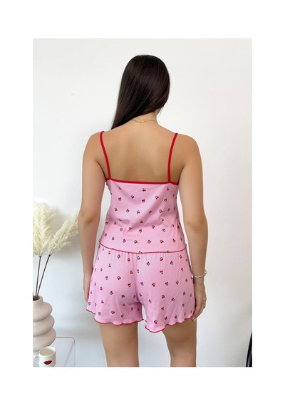 Giysa Kadın Askılı Kiraz Desenli Şortlu Pijama Takımı Pembe - 3300