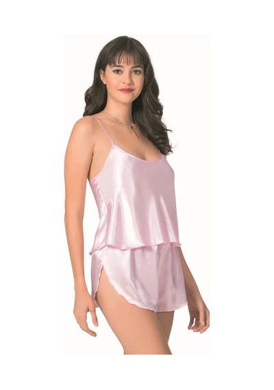 Veraura Lifestyle Kadın Şık Tasarım Yumuşak Dokulu Pembe Saten Babydoll Şort Takımı