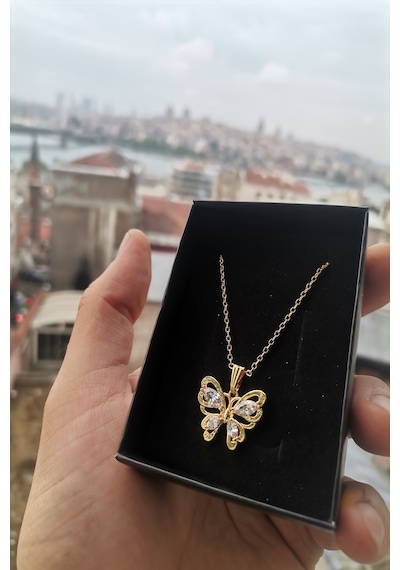 Ervanur Altın Kaplama Beyaz Zirkon Taşlı Kelebek Kolye Altın