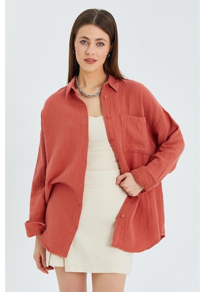 Mixray 3833 Kadın Oversize Cepli Müslin Gömlek Kiremit