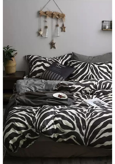 İqon Lastikli Çarşaflı Nevresim Takımı Tek Kişilik Zebra Siyah Beyaz
