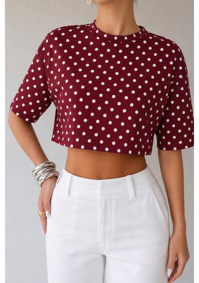 Hımmelduf Kadın Puantiye Desenli Crop Tişört Basic Oversize Yazlık Bluz Bordo