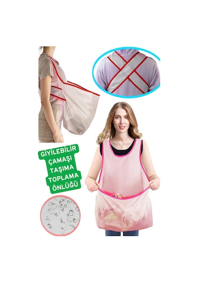 Washing Giyilebilir Çamaşır Taşıma Toplama Önlüğü Katlanabilir Temiz-kirli Çamaşır Sepeti Çamaşırlık Bej
