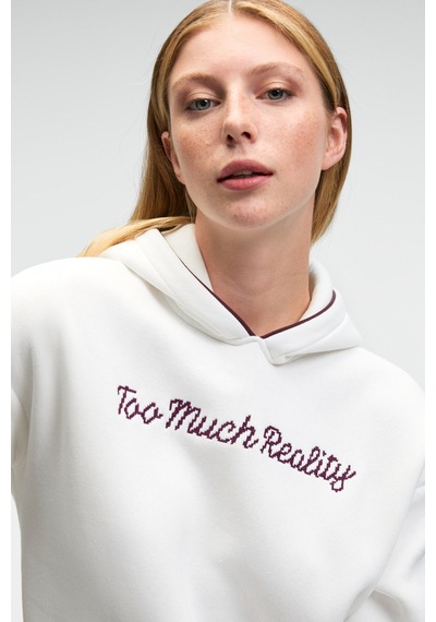 Grimelange VIRETHIA Kadın Ara Biyeli Baskı Ve Nakış Detaylı Kapüşonlu Relaxed Beyaz Sweatshirt