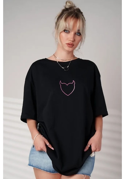 Unisex Şeytan Kalp Baskılı Oversize Tshirt Siyah