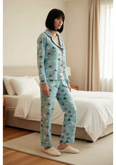 Benerly Kadın Gömlek Yaka Uzun Kol Fitted Kışlık Örme Pijama Takımı Fonks Turkuaz