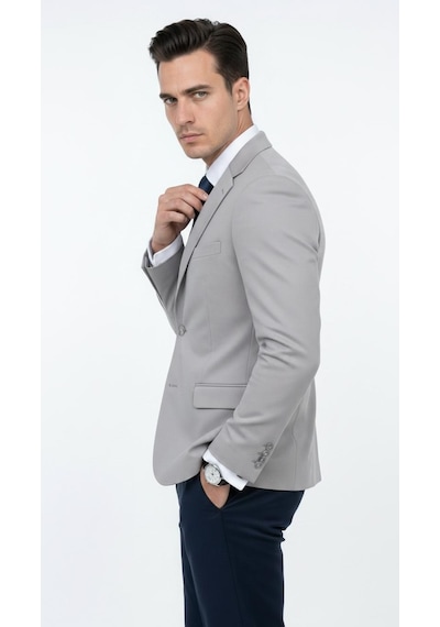 Plus Scorpion Ck 142 Slim Fit Mikro Desenli Erkek Ceket Yazlık Pike Kumaş Çift Yırtmaç Blazer Gri