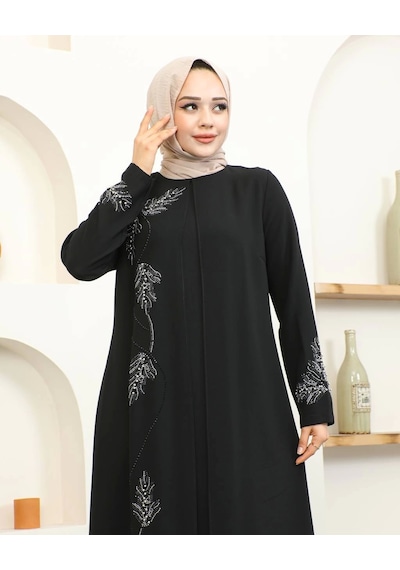 Nevayla Moda Büyük Beden Taş Detaylı Anne Elbisesi - Siyah / E0129 Siyah