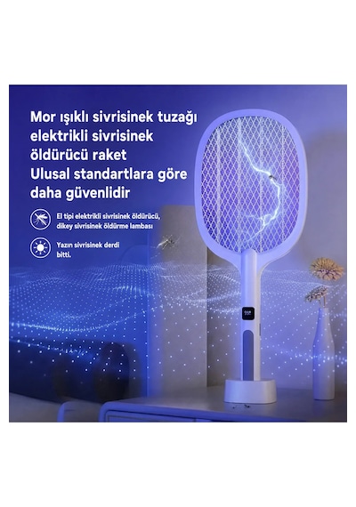 Dijital Ekranlı Şarjlı Sinek Raketi Usb Type-c Elektrikli Standlı El Tipi Mor Işıklı Sivrisinek Öldürücü Black