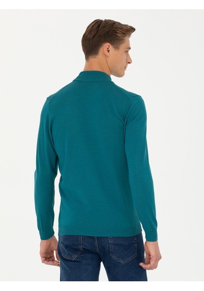 Cacharel Açık Petrol Slim Fit Bisiklet Yaka Basic Triko Kazak