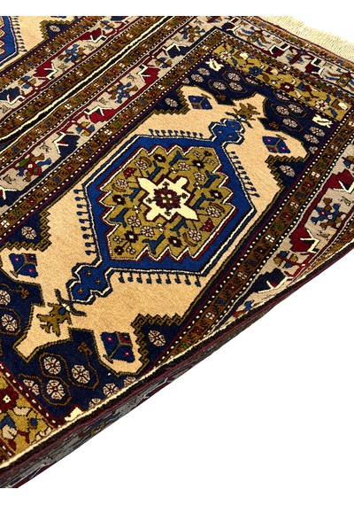 El Dokuma Çift Üst Düzey Yahyalı Halısı 96x170 Lacivert Krem Kök Boya Yün Lacivert