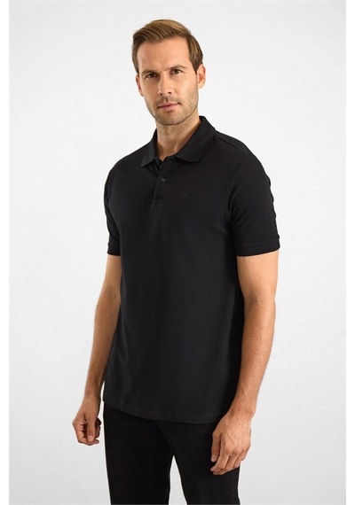 Süvari Siyah Slim Düz Nakışlı Pike Düğmeli Polo Yaka Tişört Ts1014000474-s09