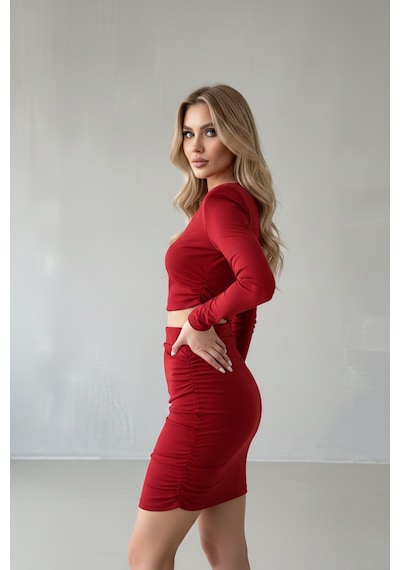 Defymoda Kadın Davet Şıklığı Vatkalı Elbise Kırmızı