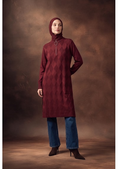 Armine Trend Baklava Desenli Fermuar Yaka Uzun Triko Tunik Bordo 25ktd4112