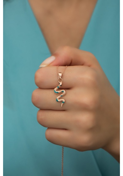925 Ayar Gümüş Turkuaz Mineli Yılan Kolye Rose Gold