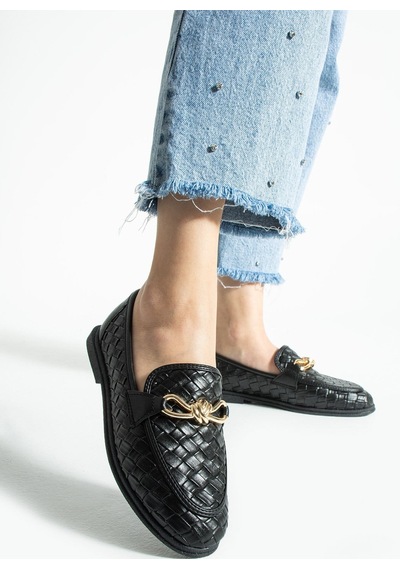 Lebibe Shoes Maby Kadın Siyah Örgü Dokulu Zincir Detaylı Loafer Düz Ayakkabı Babet