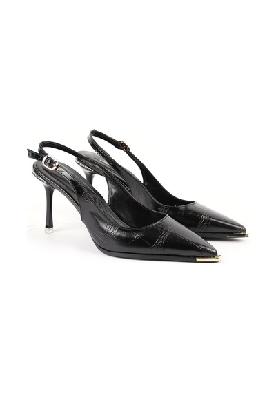 Libero L085.k3080 Kroko Desenli Metal Burunlu Slingback İnce Topuklu Kadın Stiletto Siyah