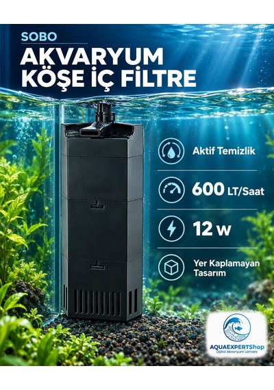 Sobo Akvaryum Köşe İç Filtre - Aktif Temizlik - 600 Lt/saat - 12w - Yer Kaplamayan Tasarım - Siyah