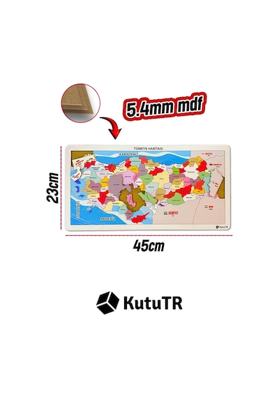 Ahşap Renkli Türkiye Haritası Ahşap Puzzle Yapboz 23x45 Cm Standart