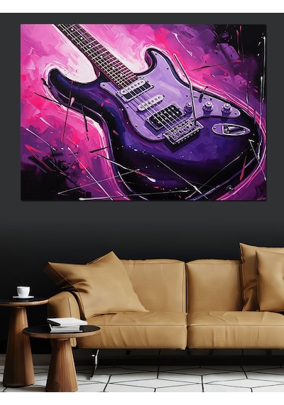 Ahşap Tablo Mor Işıklı Modern Elektro Gitar Obje Tabloları