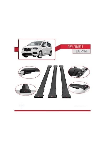 Opel Combo E 2019-2022 Arası İle Uyumlu Fly Model Ara Atkı Tavan Barı Siyah 3 Adet Bar