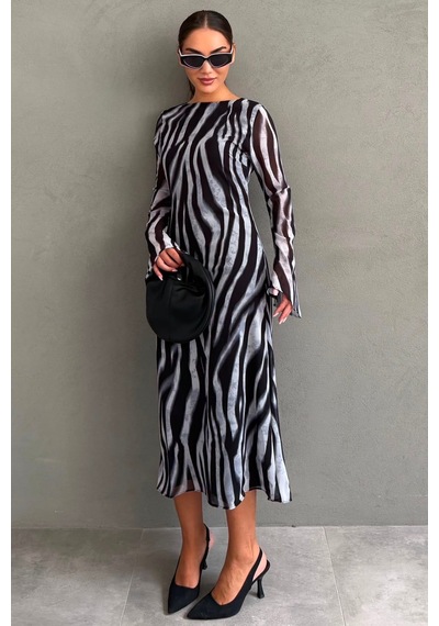 Madmext Gri Zebra Desenli Şifon Midi Elbise Mg2854