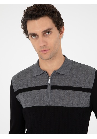 Cacharel Siyah Slim Fit Polo Yaka Fermuarlı Triko Kazak