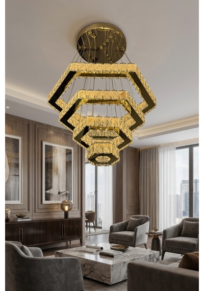 Diamond 4 Katlı Kristal Taşlı Modern Sarkıt Led Avize Çok Renkli